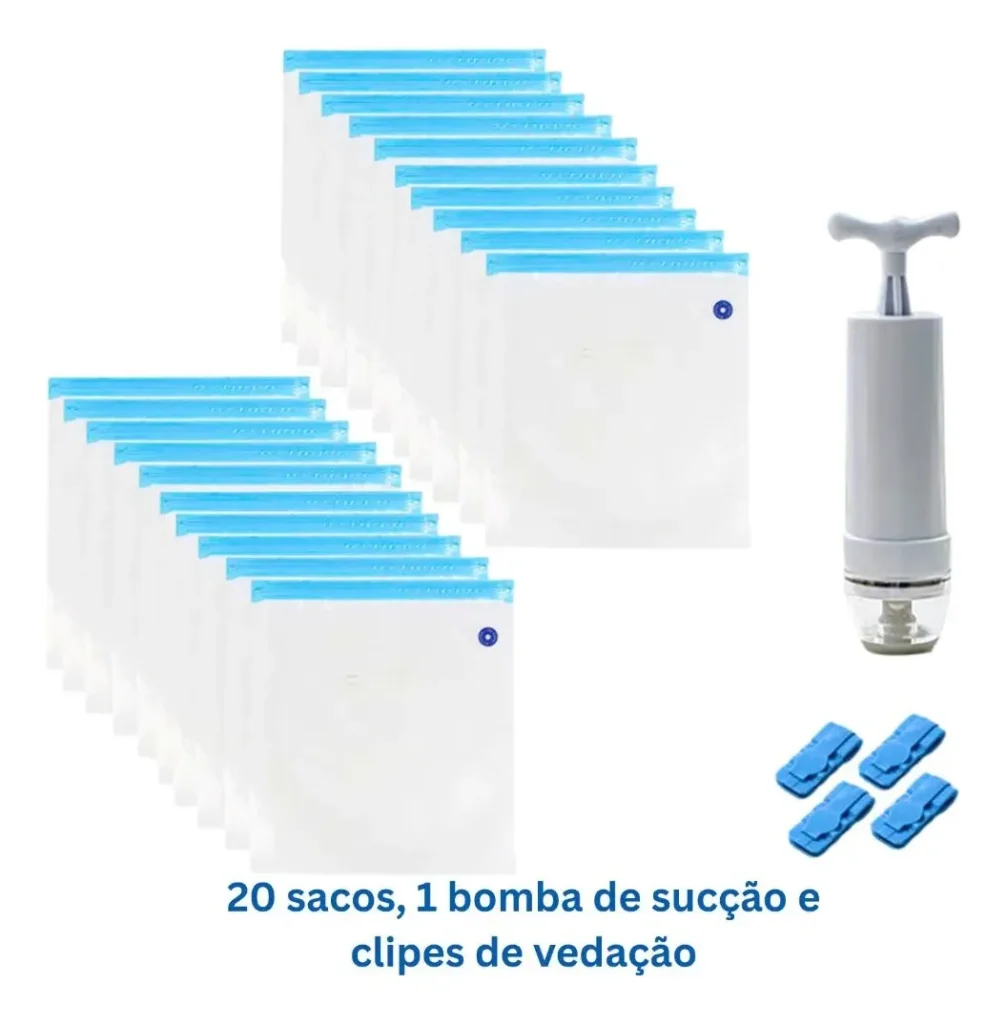 Kit 20 Sacos Herméticos + Bomba Manual Clip Vedação A Vácuo