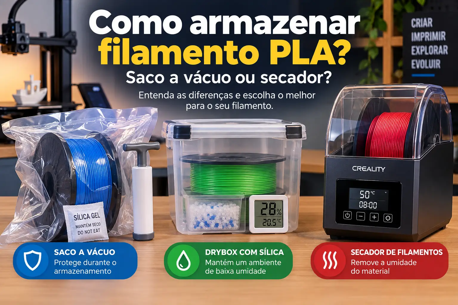 Como armazenar filamento PLA: saco a vácuo ou secador?