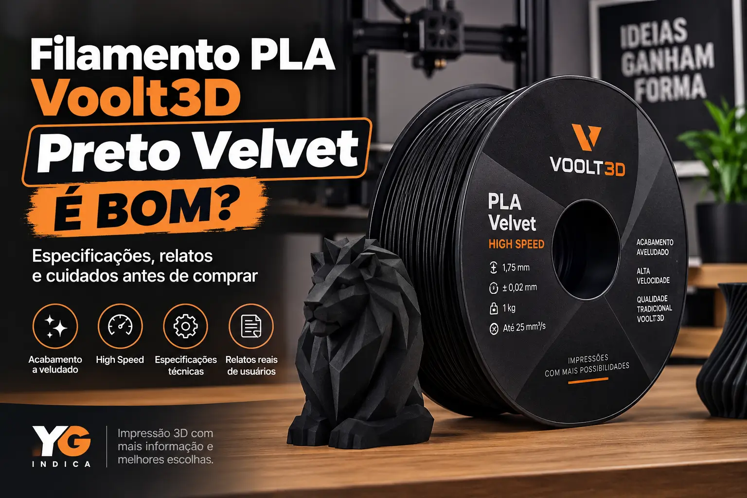 Filamento PLA Voolt3D Preto Velvet High Speed para impressão 3D